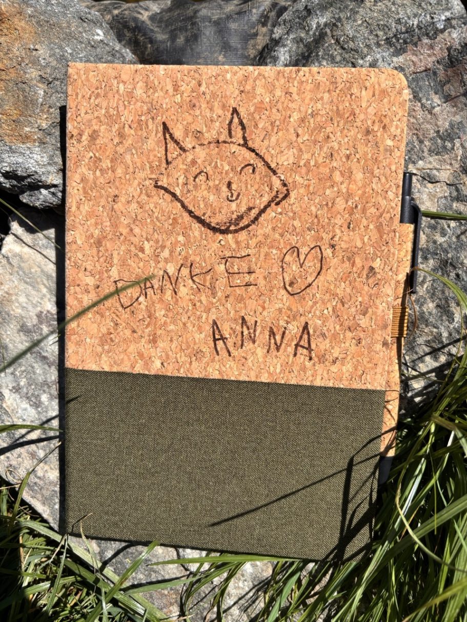 Handgefertigtes Notizbuch mit Katzengesicht und den Namen „Anna“.